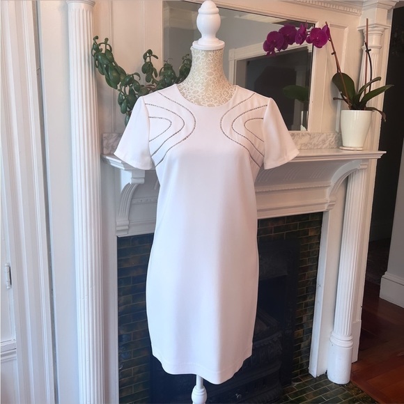 DIANE VON FURSTENBERG White Cecilia Ladder Stitch Short Sleeve Shift Dress Sz 4 - Picture 6 of 16